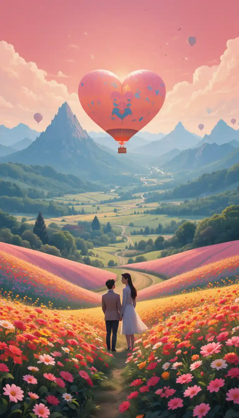Romantic couples in a flower field with heart hot air balloon