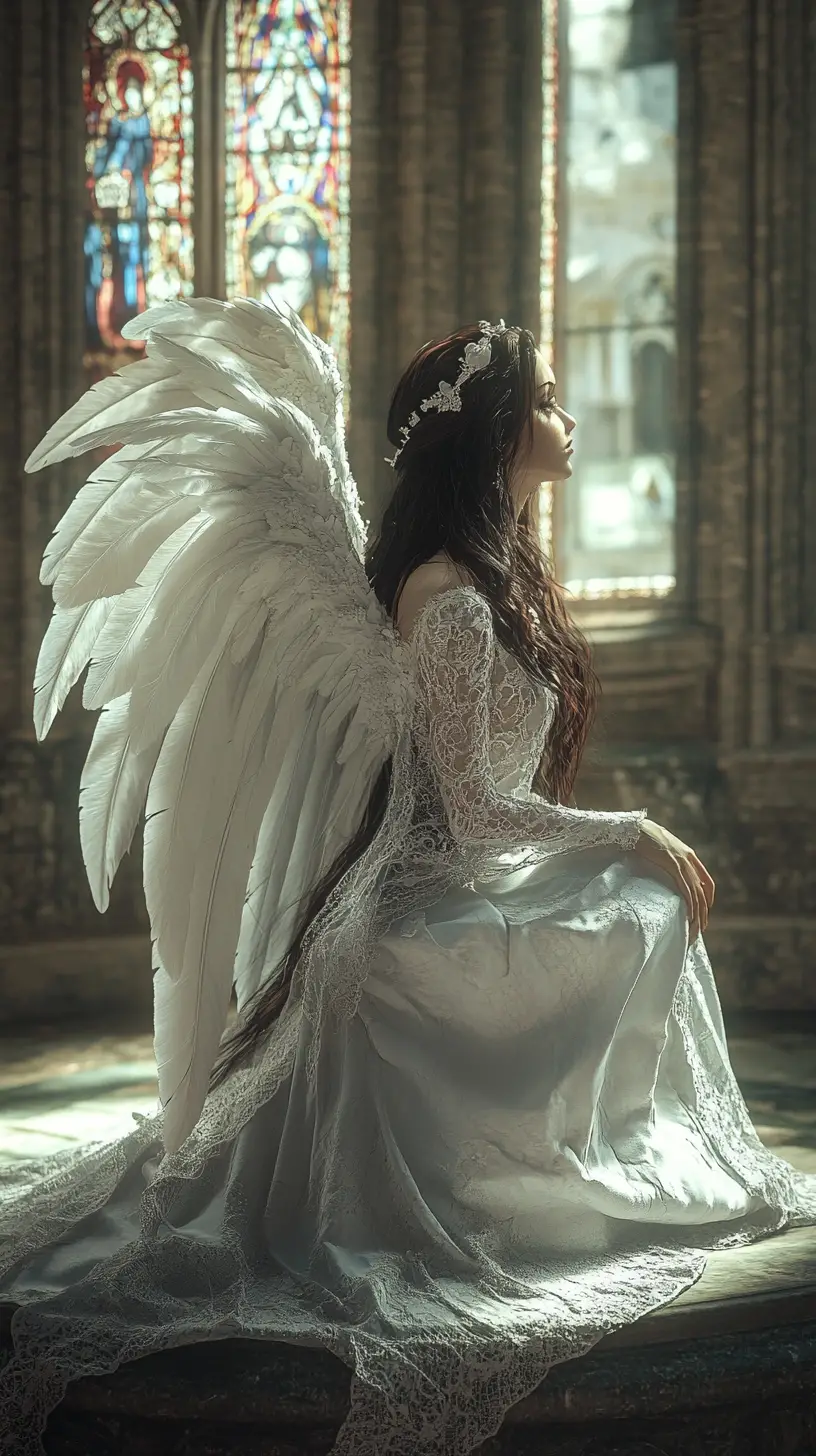 Angelic woman kneeling in sunlight filled gothic cathedral
