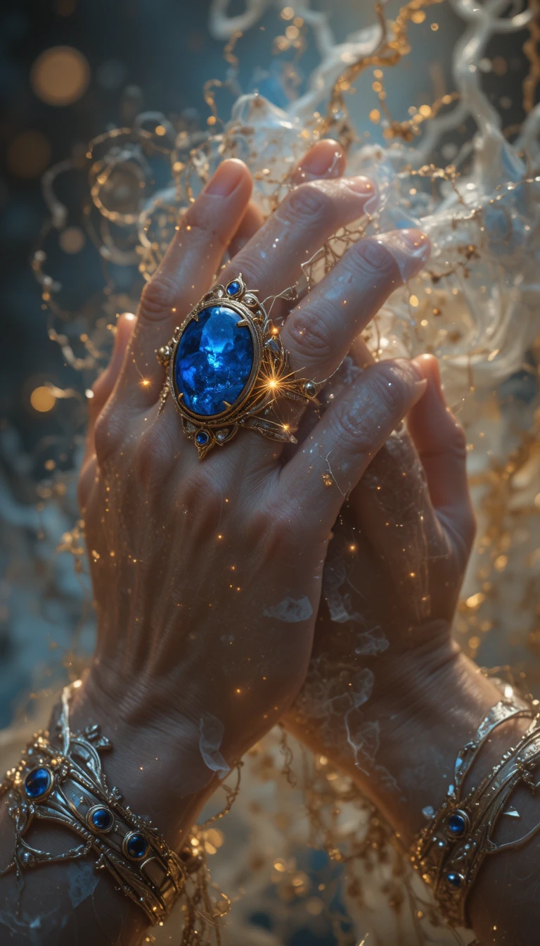 Two halfling hands clasped with glowing lapis rings