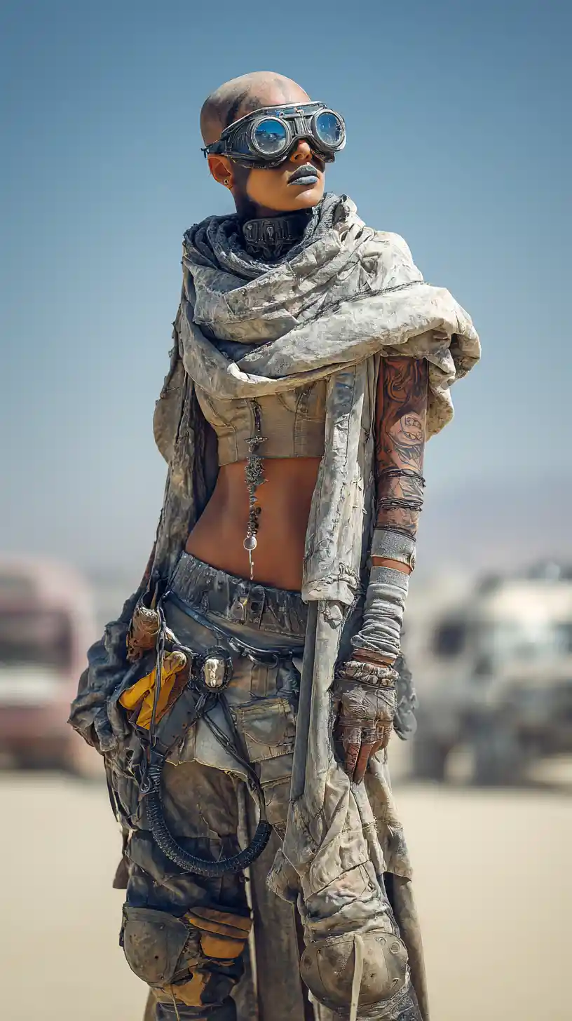 Mulher careca mascarada em um deserto apocalíptico distópico