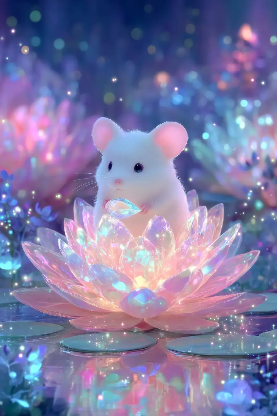 Cute fantasy mouse holding dew in a blossoming flower
