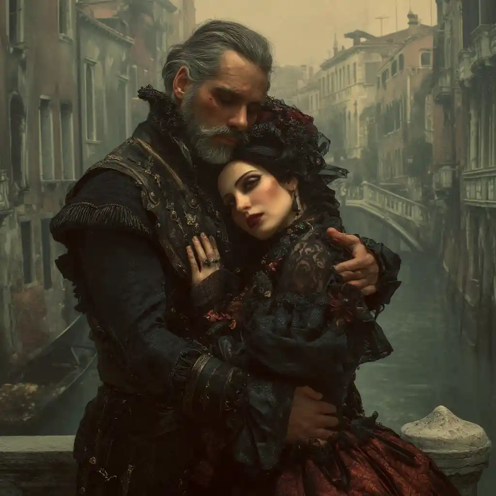 Melancholic vampire couple on a misty Venetian bridge