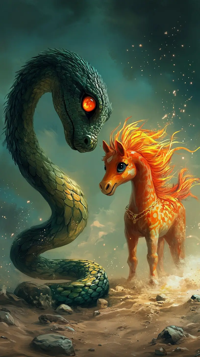 Cartoon snake and fiery horse in sandy zodiac scene