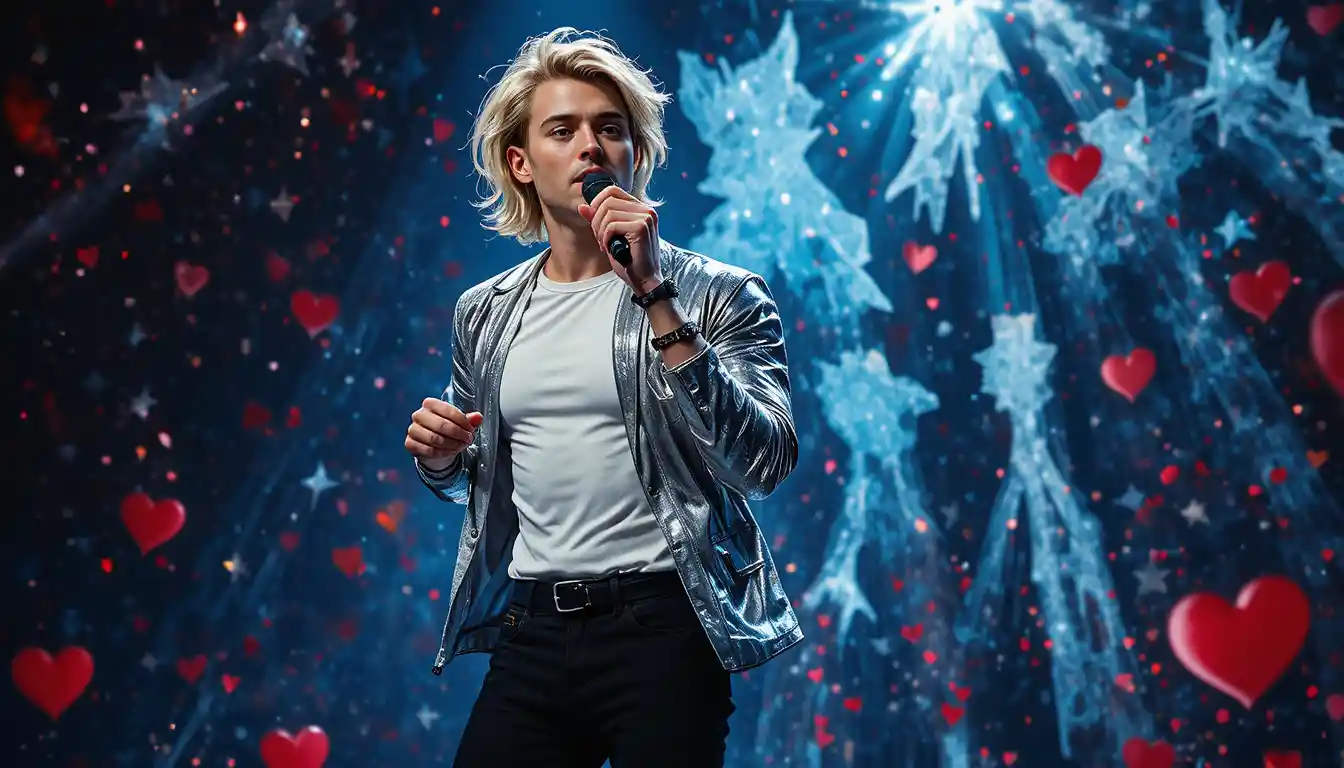 Jovem cantor se apresentando no palco com estrelas e corações