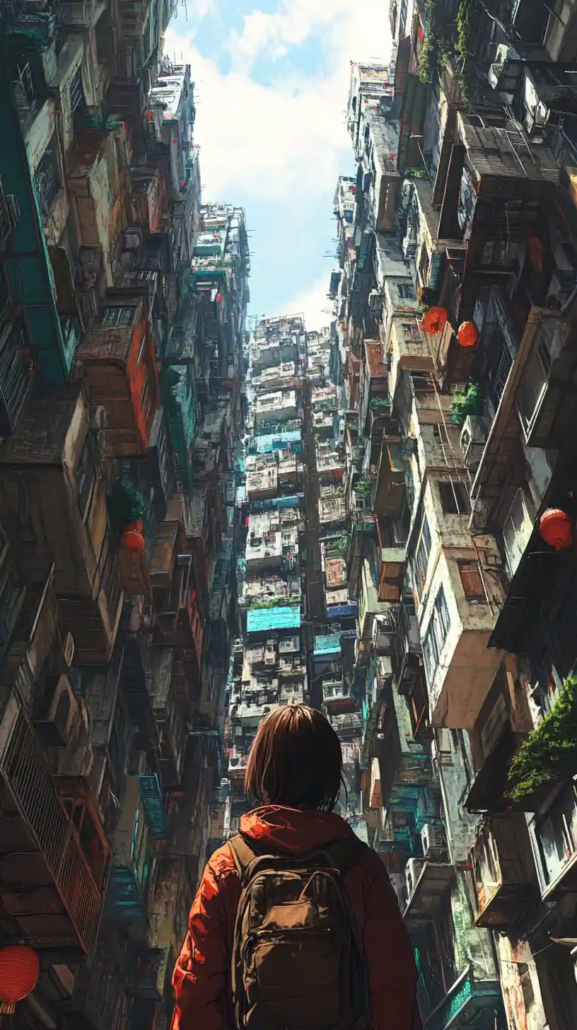 Woman In Red Jacket Looking Up In Colorful City Alley