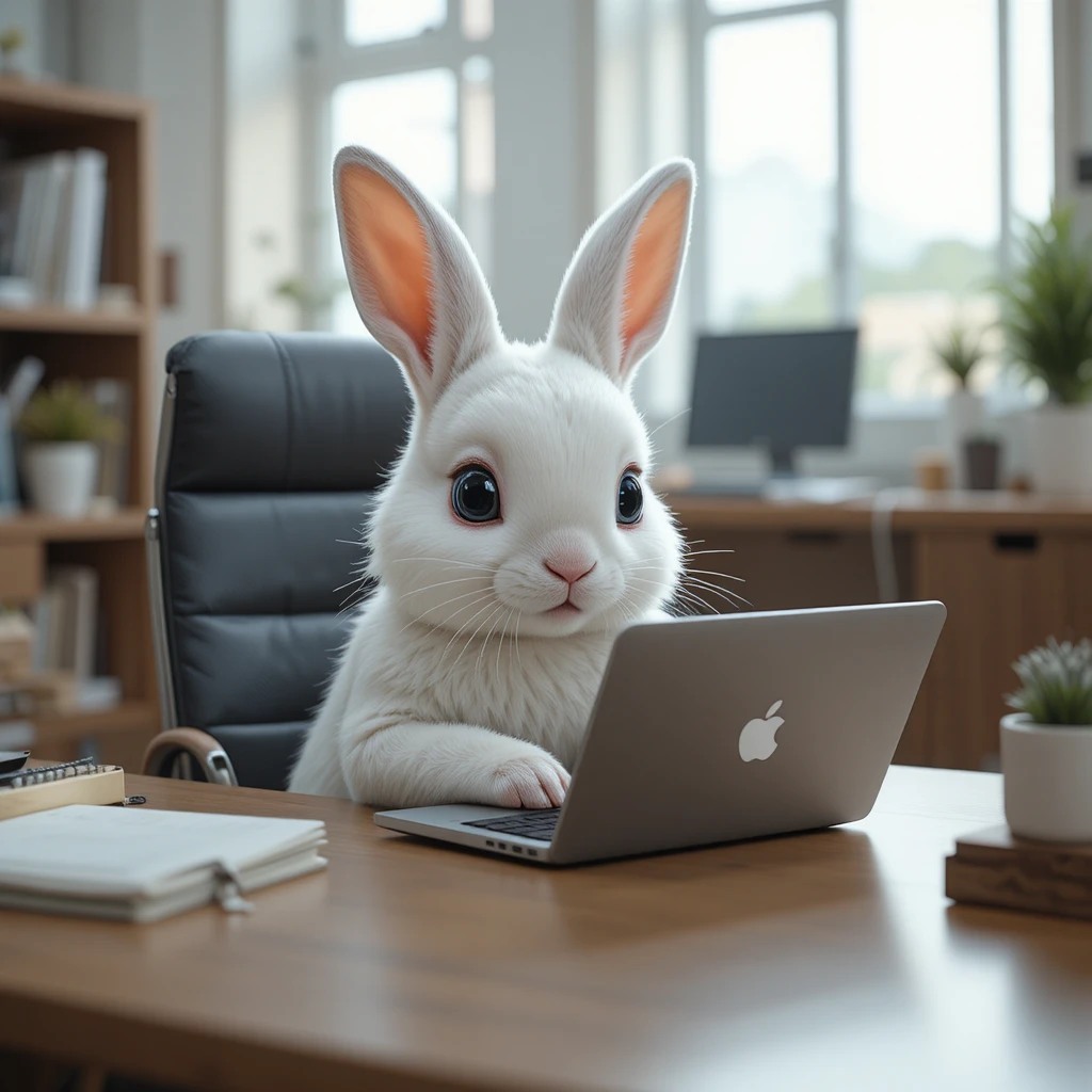 Cute white rabbit typing on a laptop in an office