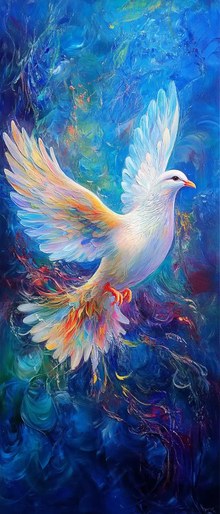 Luminous dove of peace glowing against blue misty sky