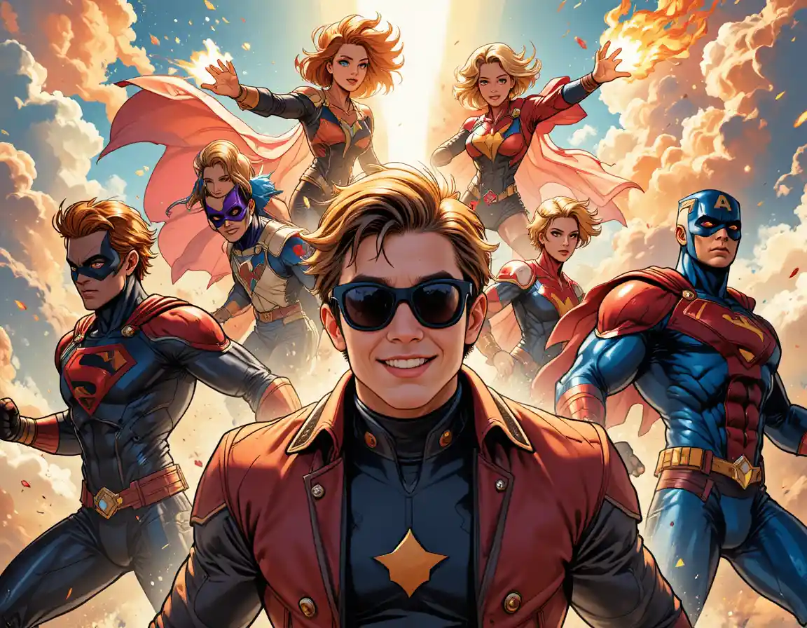 Dynamic team of colorful superheroes in dramatic sky