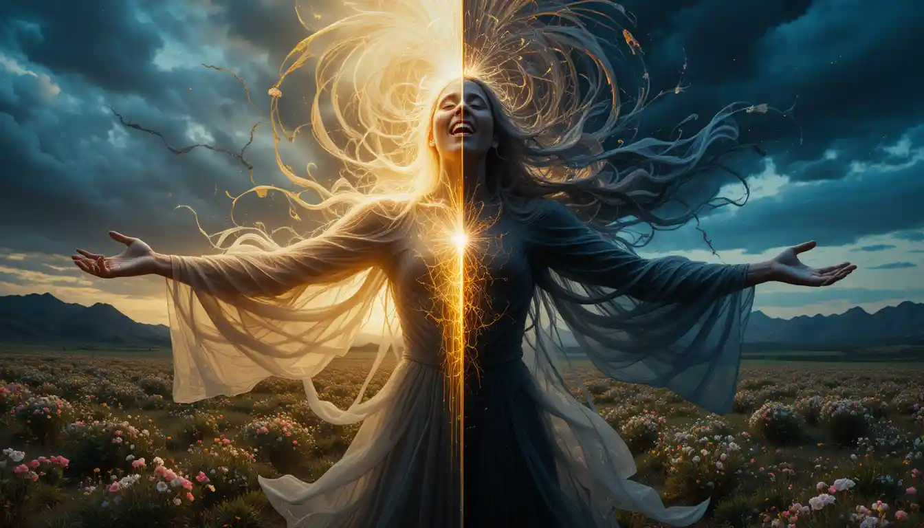 Spectral figure of human duality at a luminous crossroads