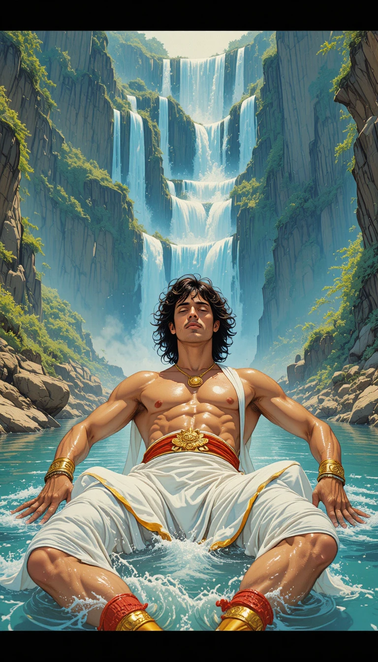 Mature man reclining in river beneath towering waterfall