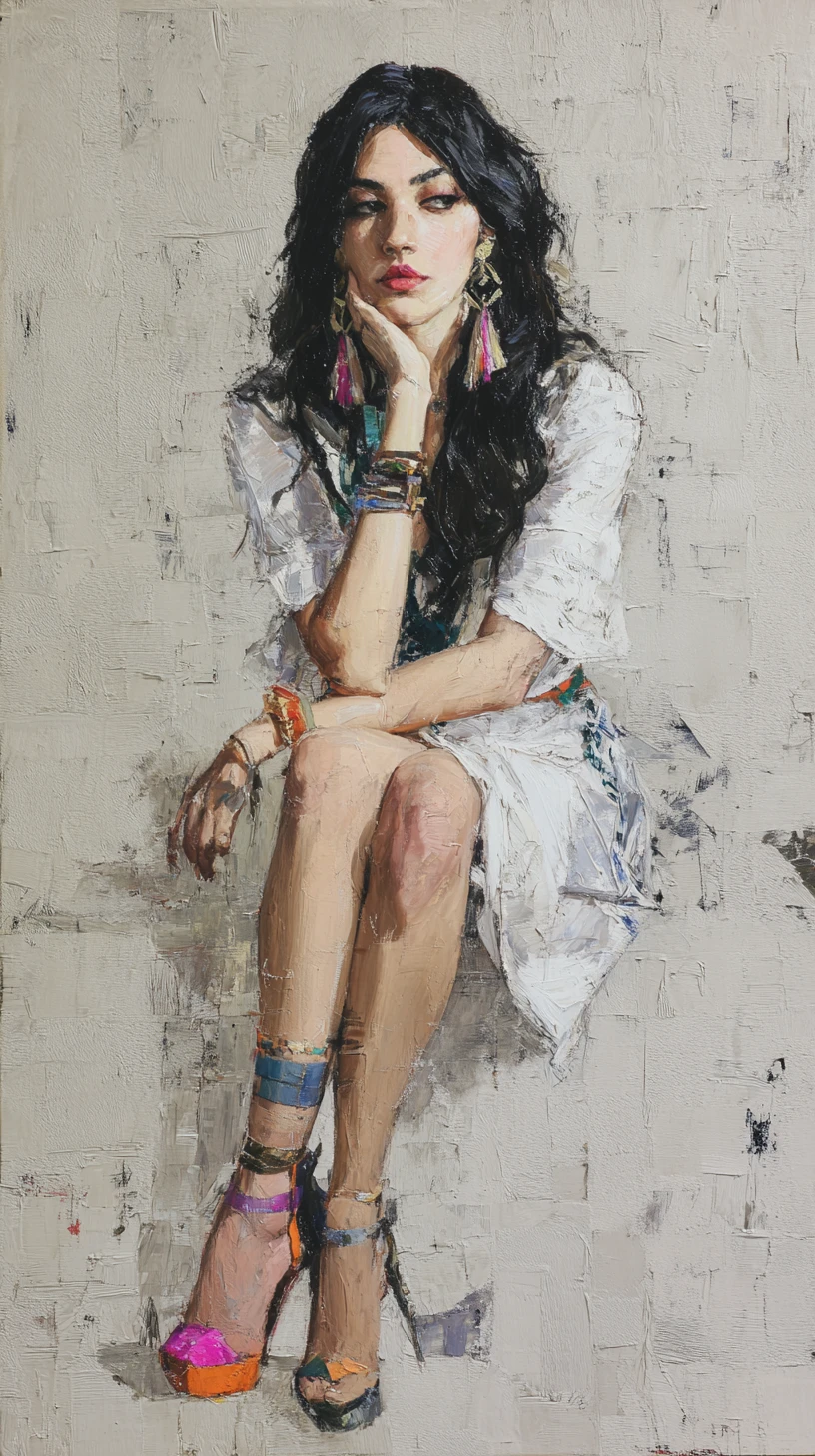 Seated dark haired girl in colorful outfit on neutral background