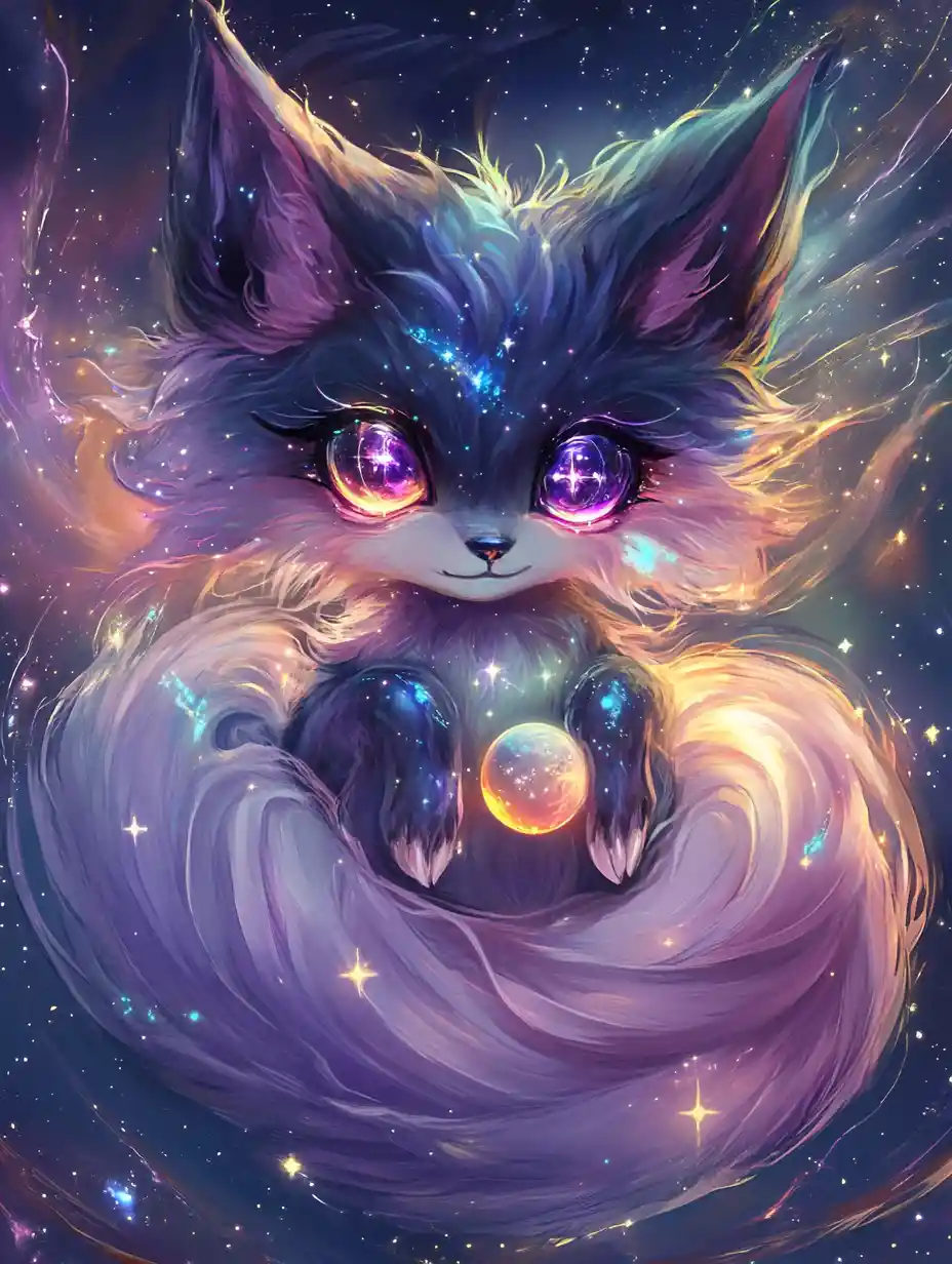 Chibi cosmic fox drifting through a glowing starry nebula