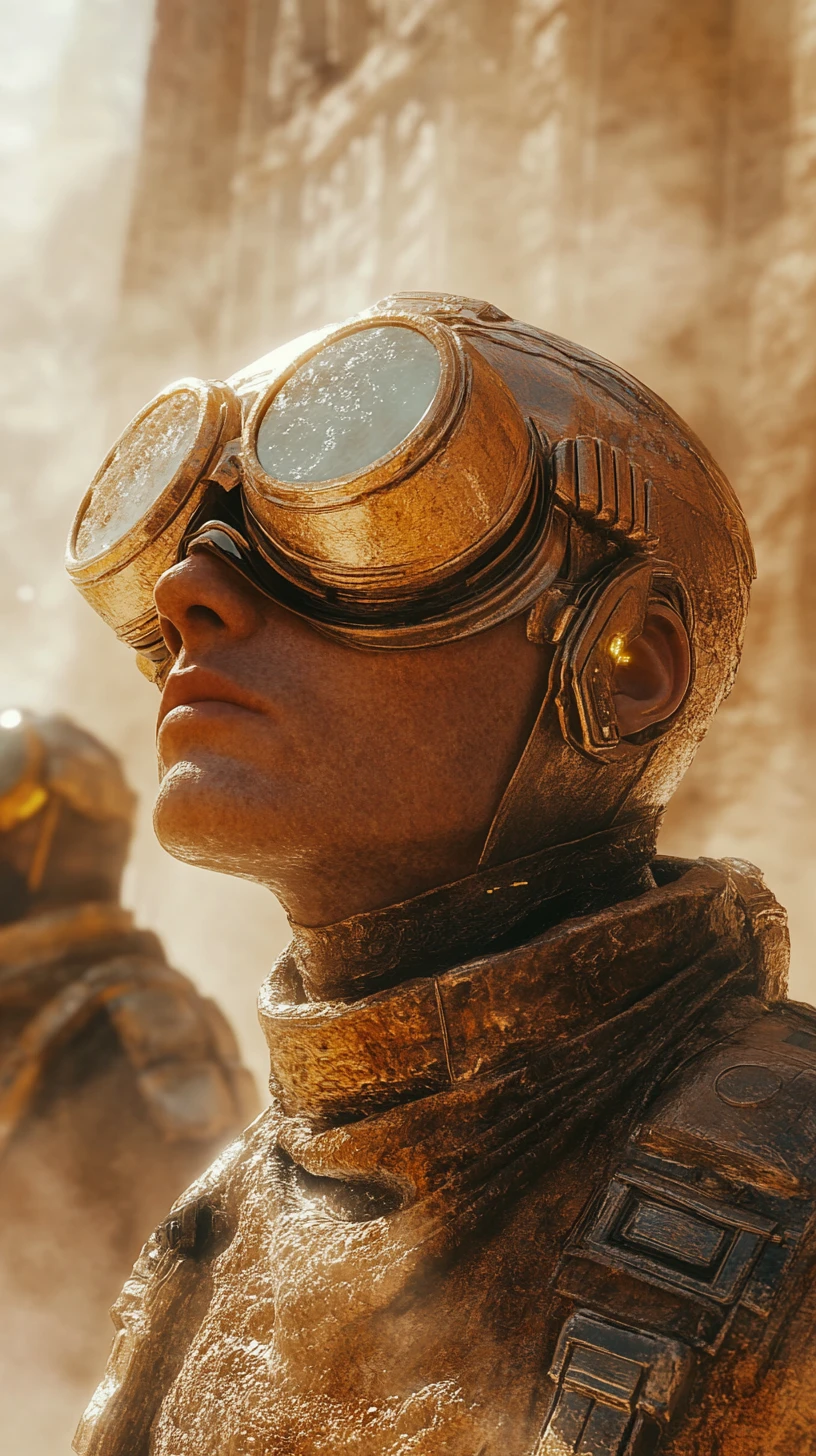 Viandante futuristico del deserto in una città sci‑fi in rovina