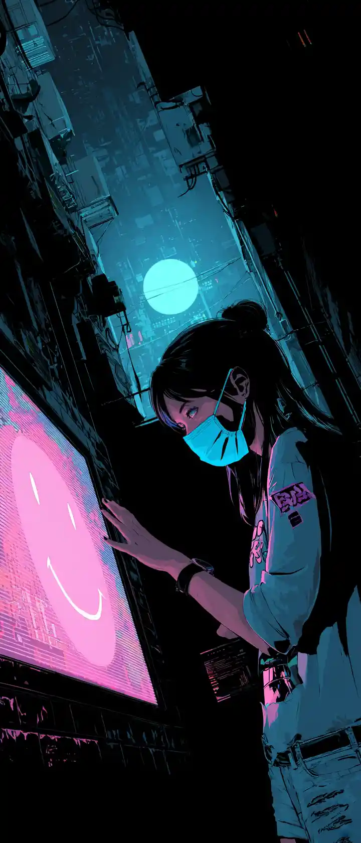 Masked street artist placing glowing sun sticker in neon alley