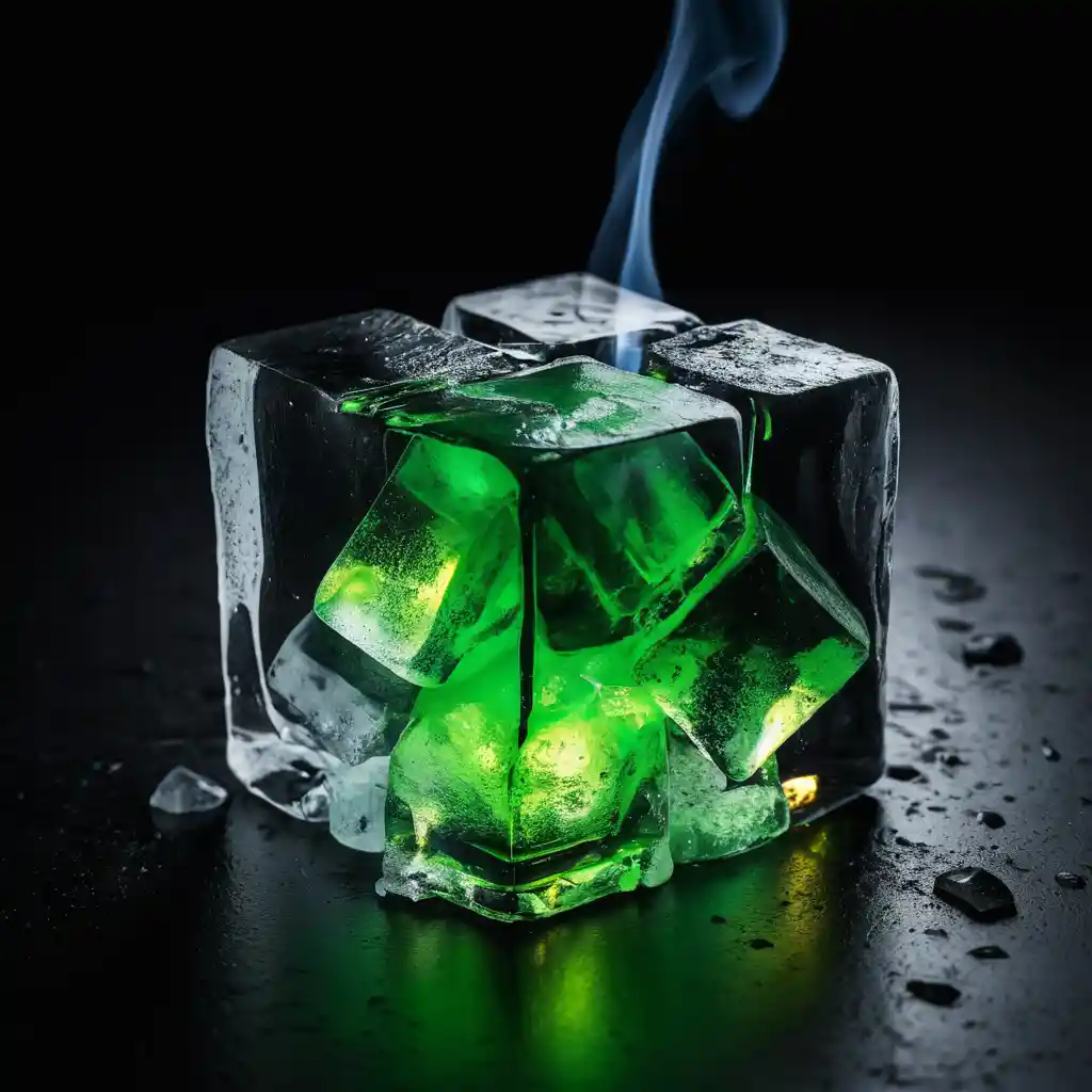 Fluorescent green fire engulfing a melting ice cube