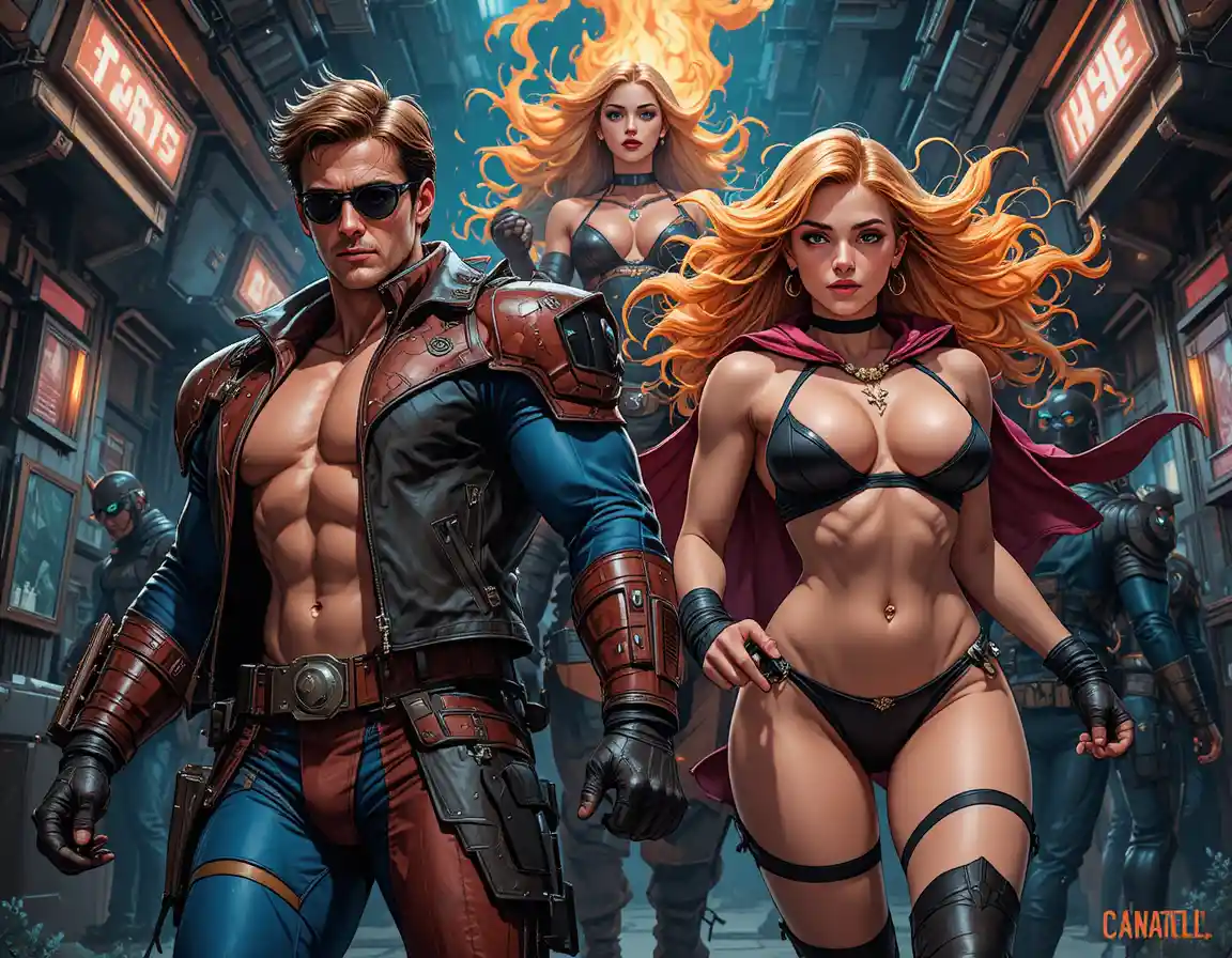 Dynamic team of superheroes striking powerful action poses