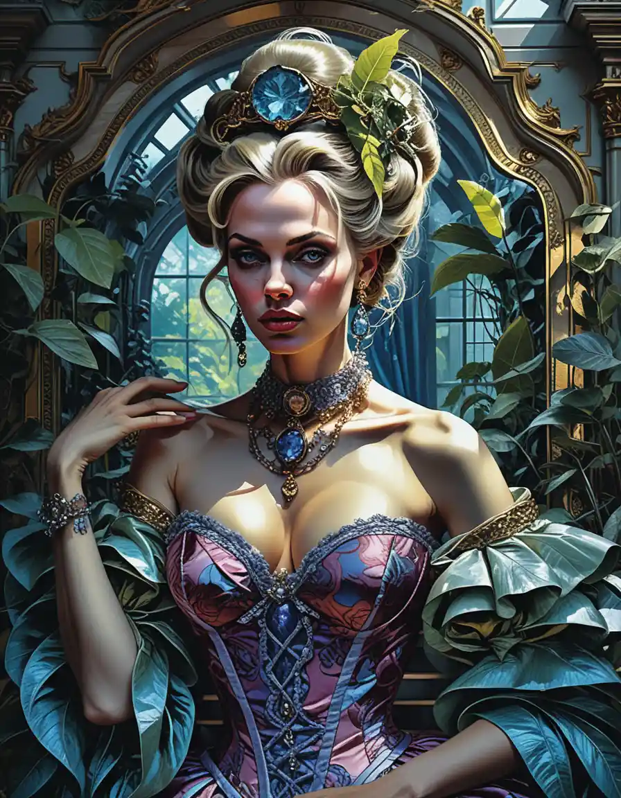 Fantasy enchantress painting in a grand victorian studio