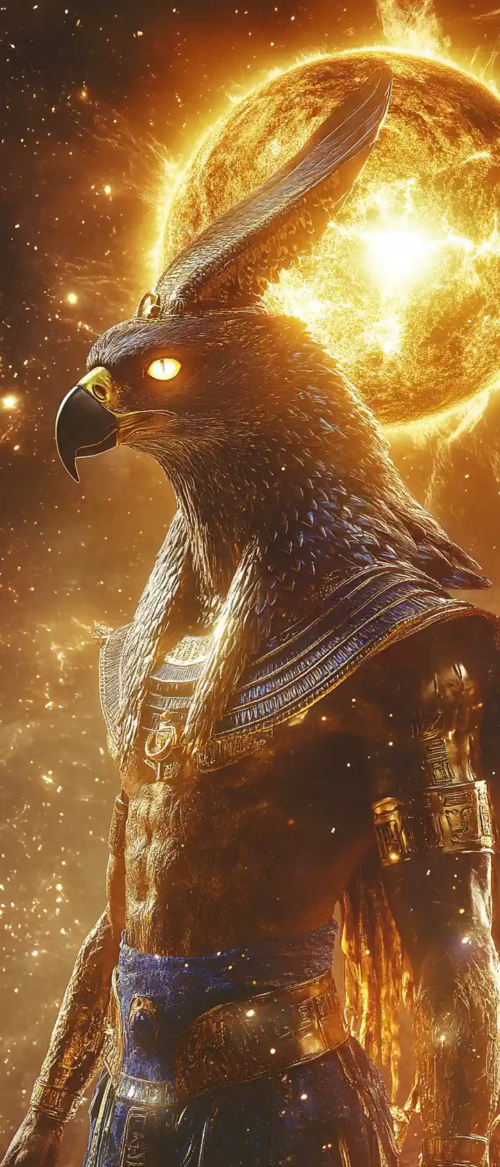 Primo piano cinematografico del dio egizio del sole con testa di falco