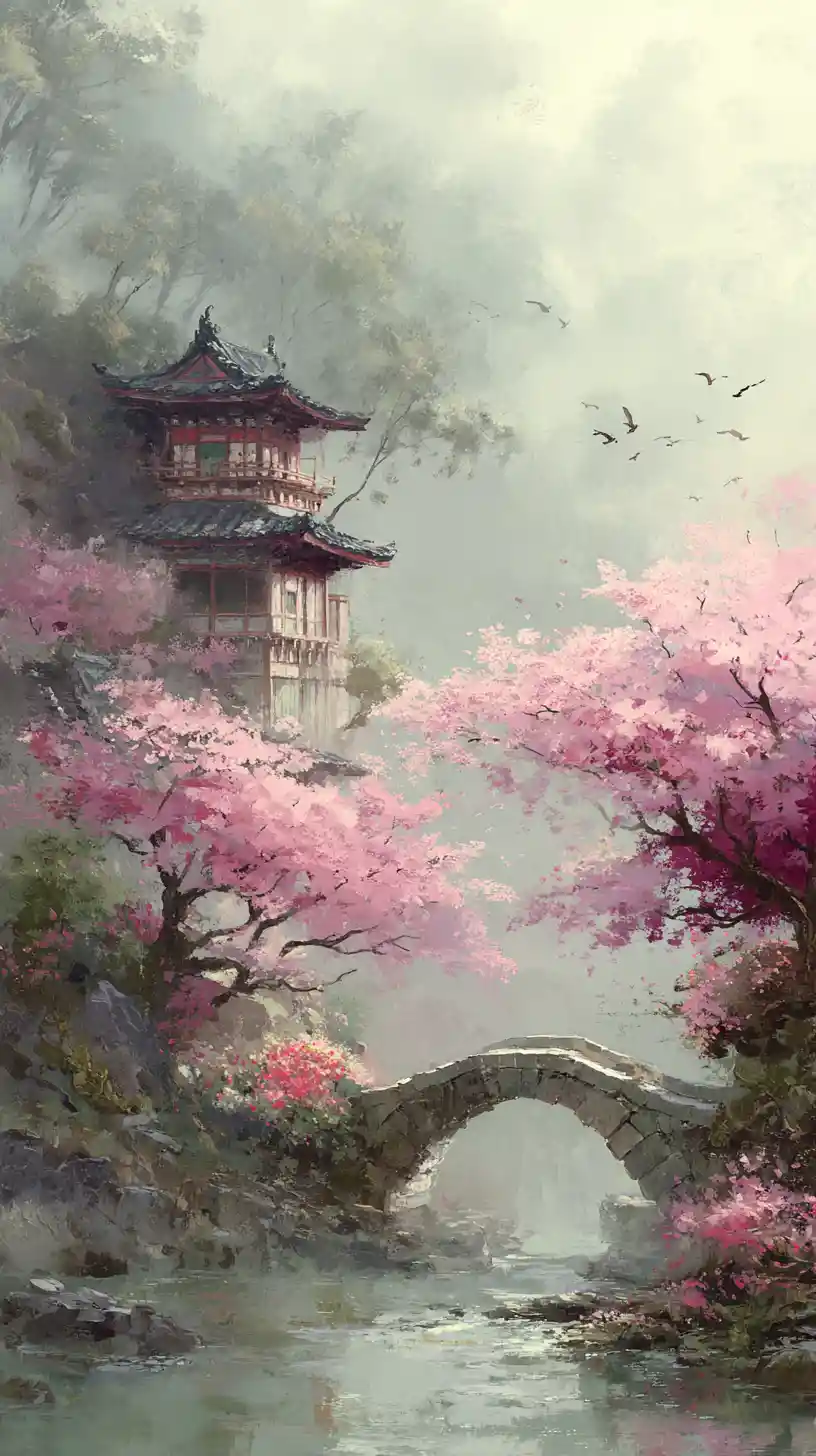 Ancient Japanese Temple Among Cherry Blossoms By A Misty Stream