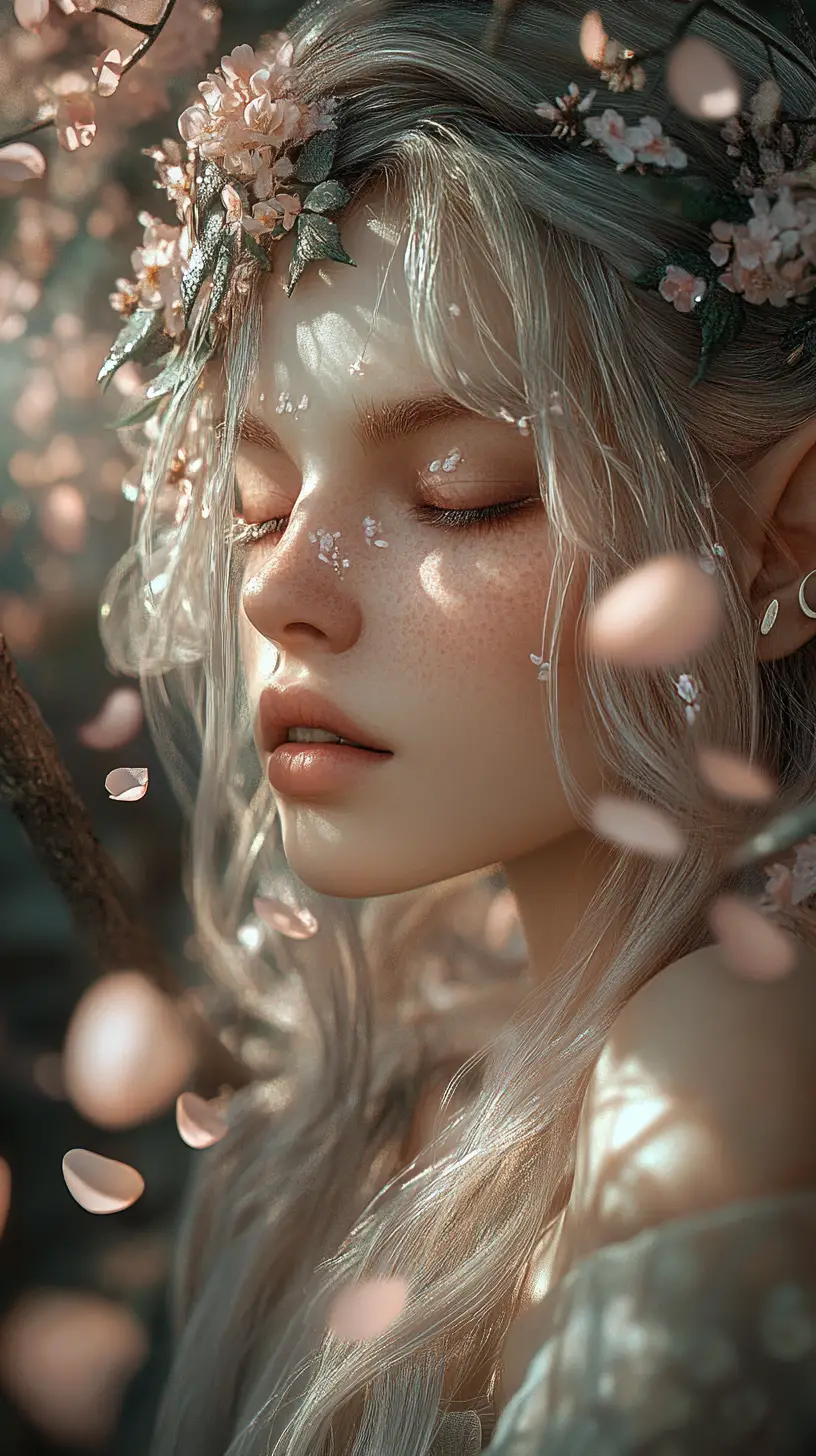 Melancholic forest nymph surrounded by falling cherry blossoms