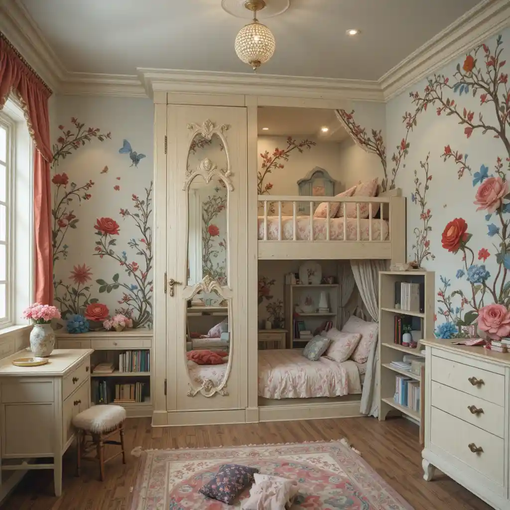 Chambre de conte de fées avec lit mezzanine et murs fleuris