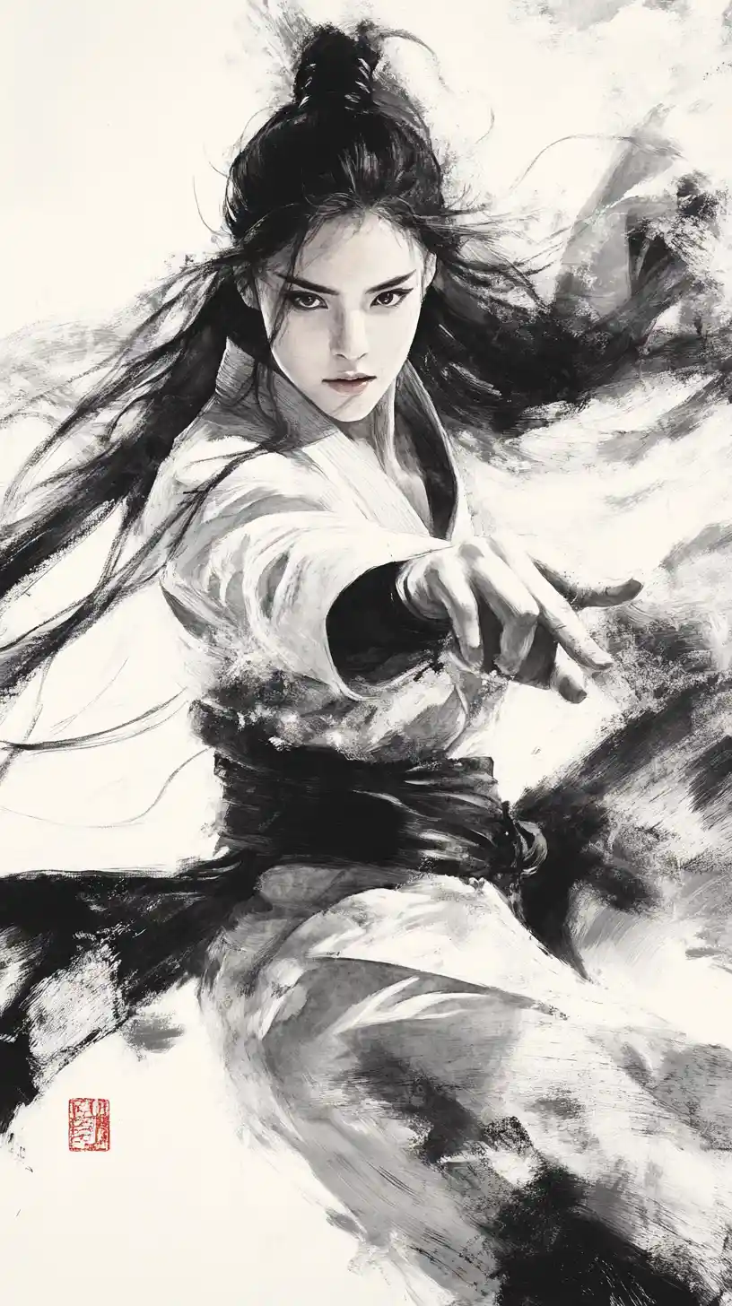 Female martial artist channels energy in ink wash style