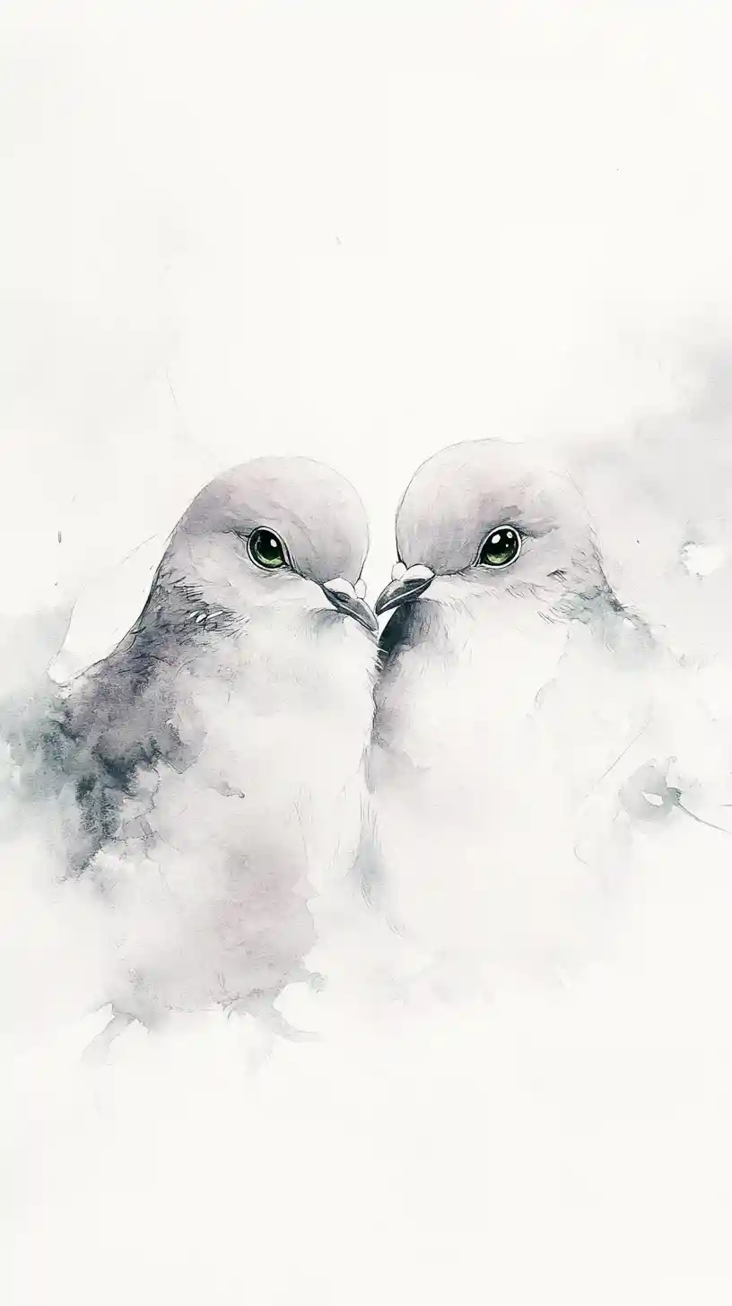 Dreamlike watercolor doves with shining green eyes on white