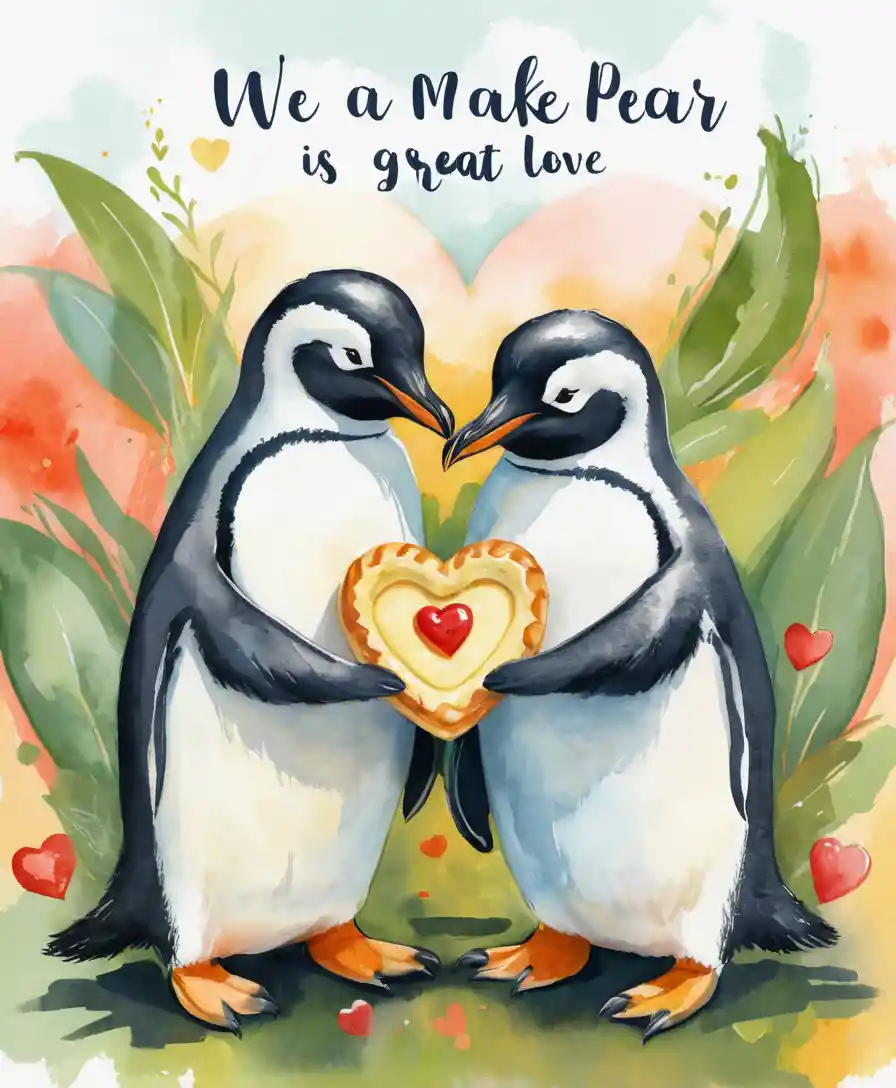 Two penguins sharing a heart pastry in warm impressionist style