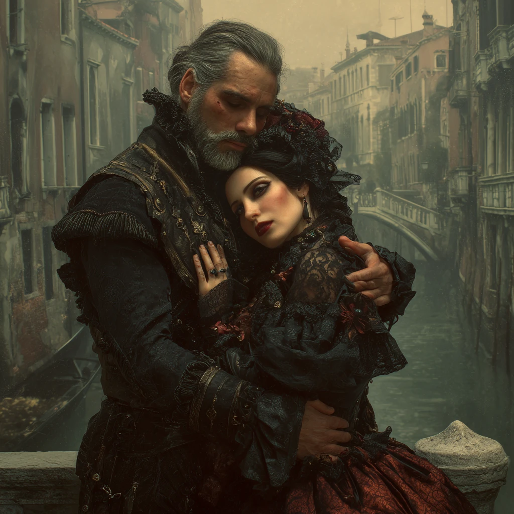 Melancholic vampire couple on a misty Venetian bridge