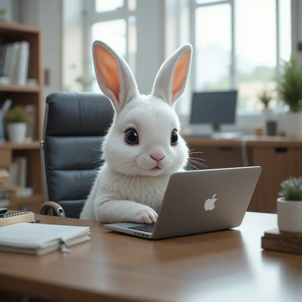 Cute white rabbit typing on a laptop in an office
