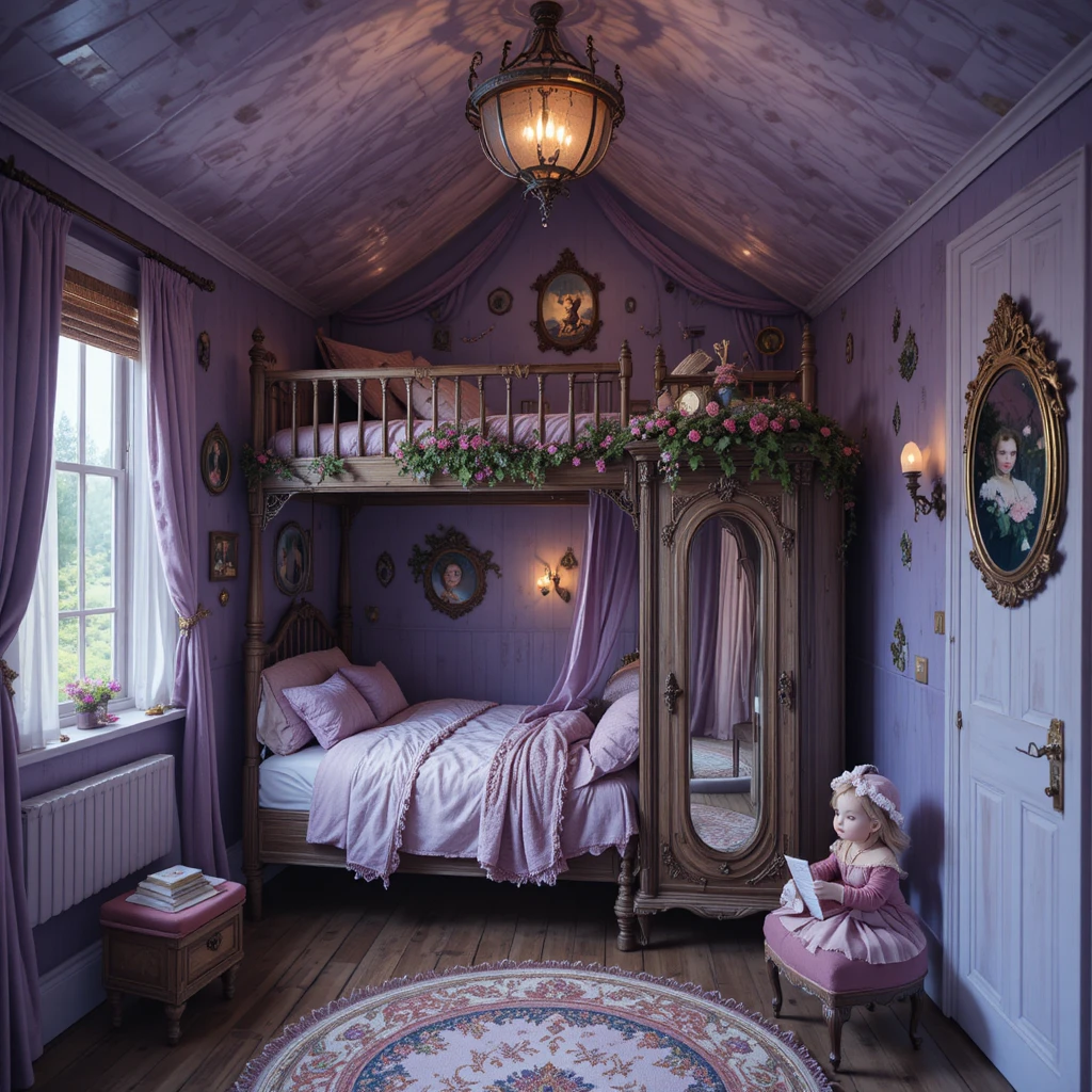 Acogedor dormitorio morado con cama alta y puerta de armario con espejo