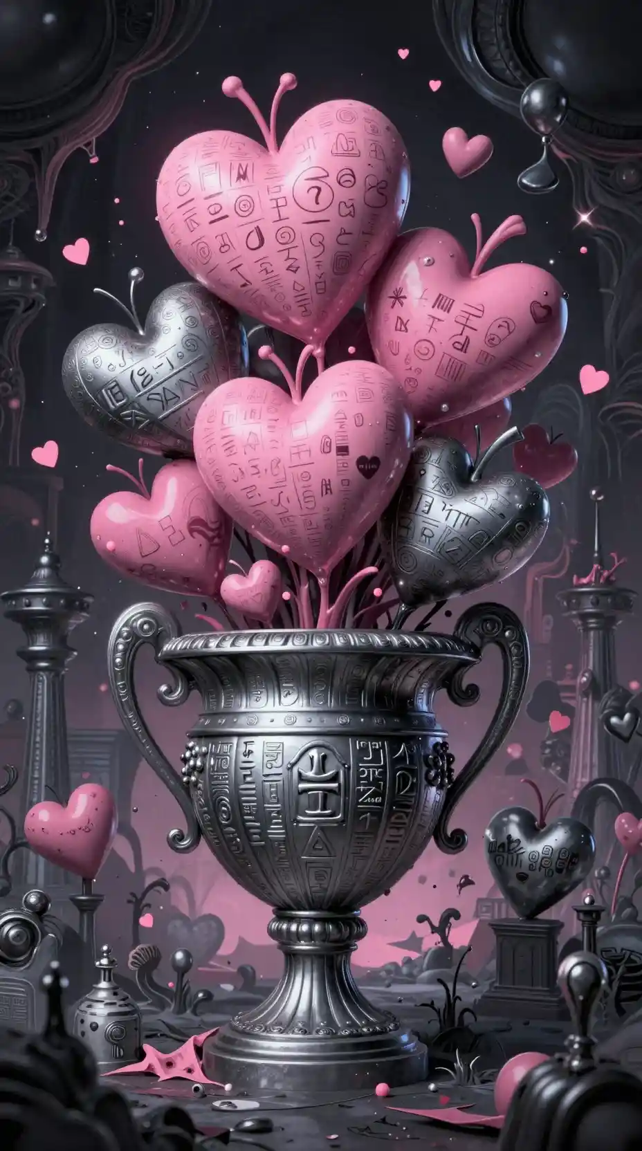 Surreal urn of hearts in a dark fantastical landscape