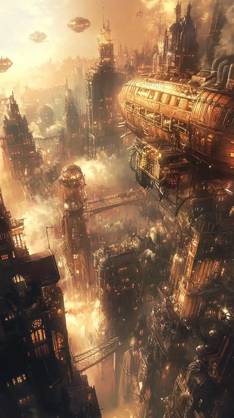 Steampunk airship overlooking a glowing victorian metropolis