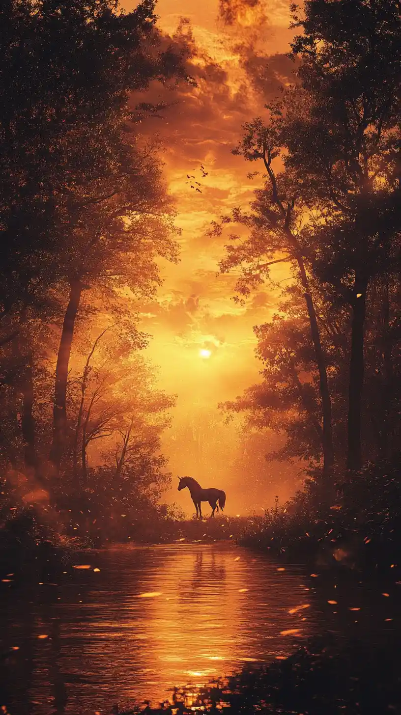 Unicorn Walking By A River At Glowing Forest Sunset