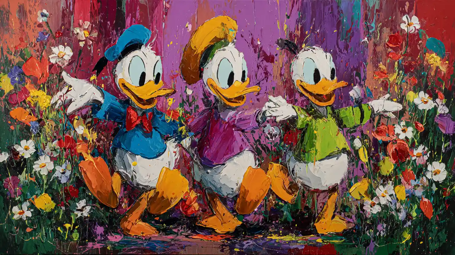 Dynamic cartoon ducks in a floral vertical composition