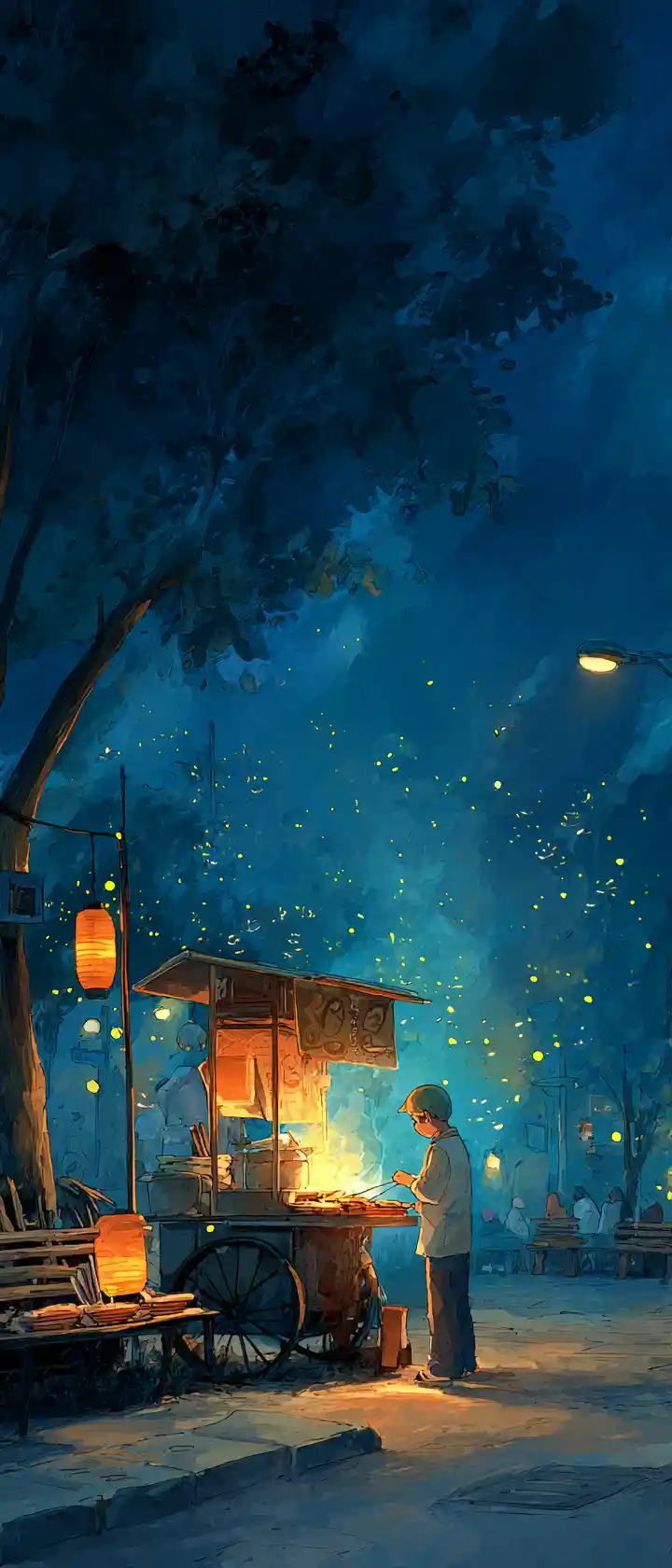 Old street vendor closing his cart under warm lanterns
