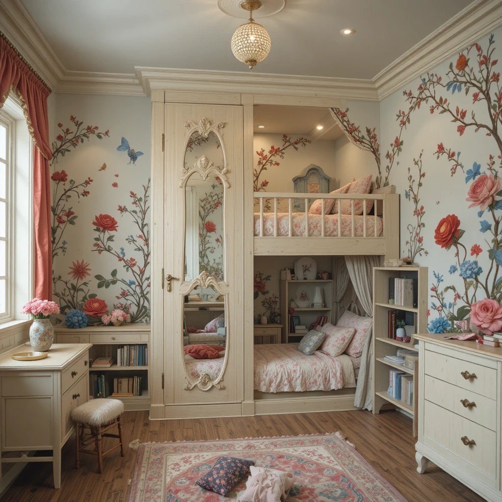 Dormitorio de cuento de hadas con cama loft y paredes florales