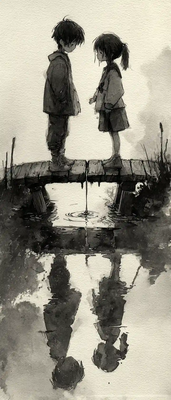 Two friends reaching across a wooden bridge at sunset