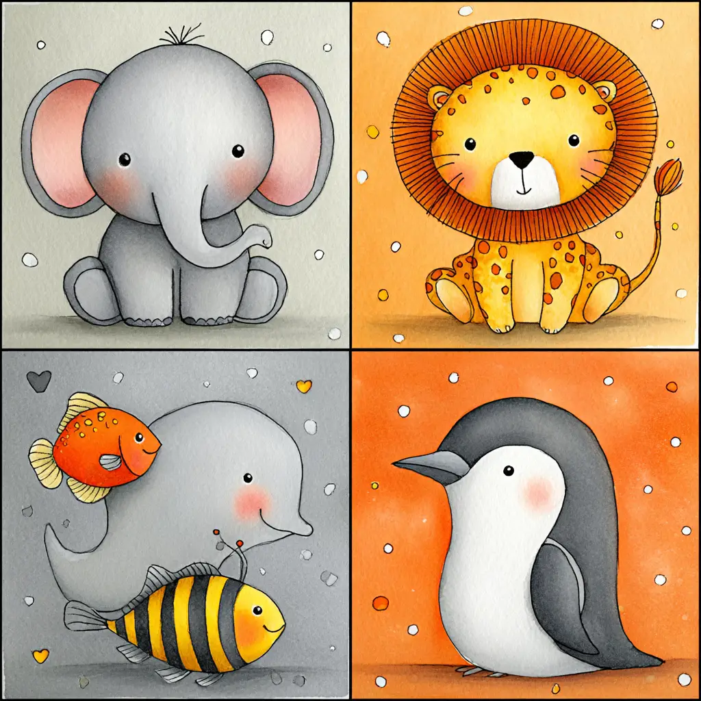 Cute playful animal illustration grid on white background