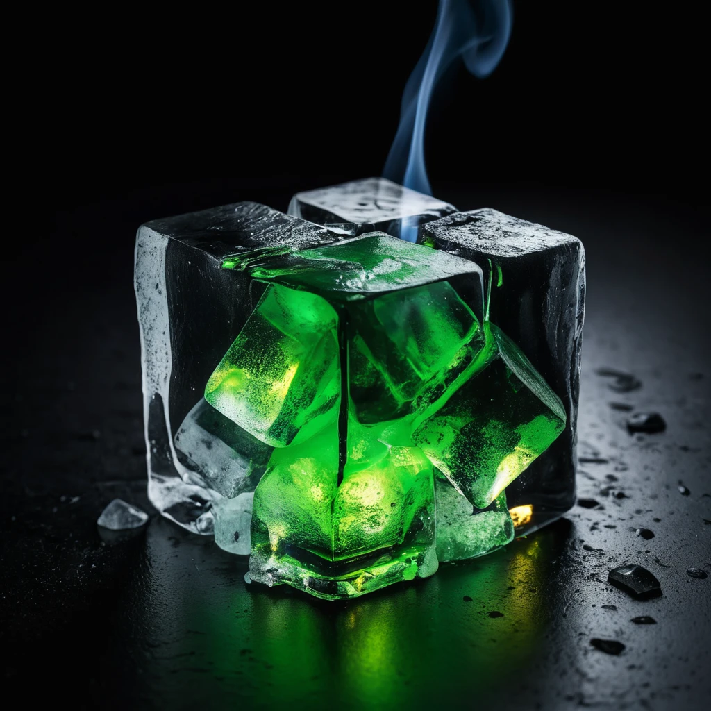 Fluorescent green fire engulfing a melting ice cube