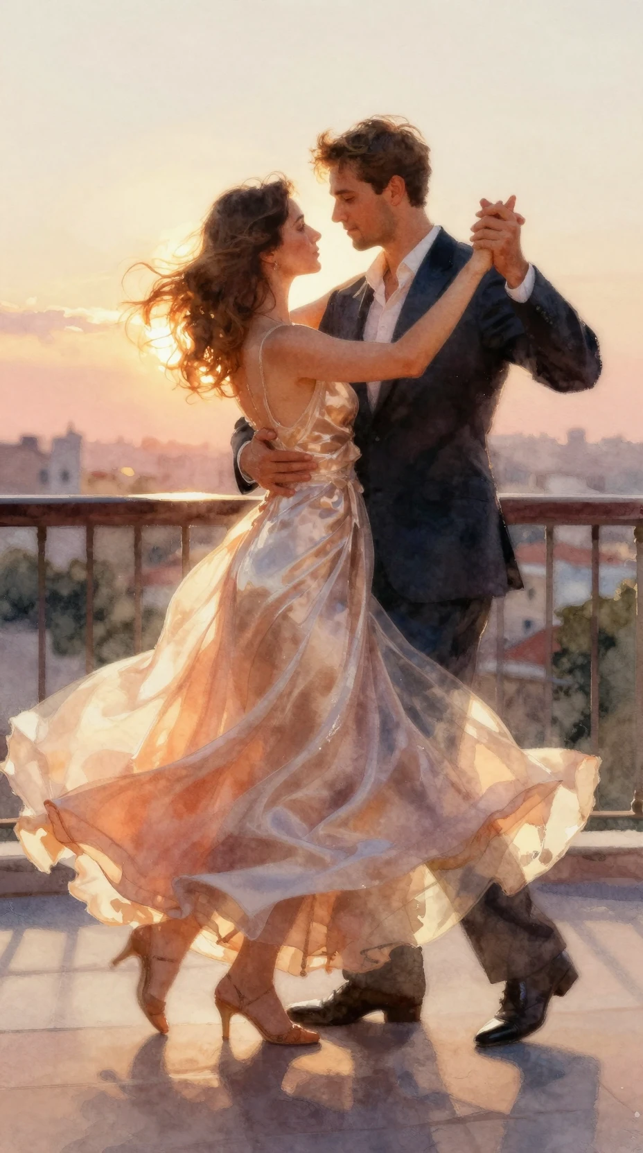 Coppia romantica che balla su un balcone illuminato dal sole al tramonto