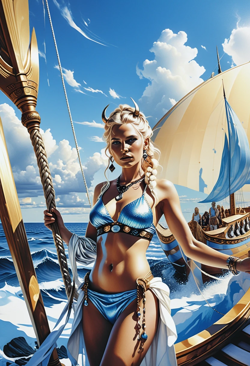 Fantasy goddess on a viking ship in a vibrant bikini