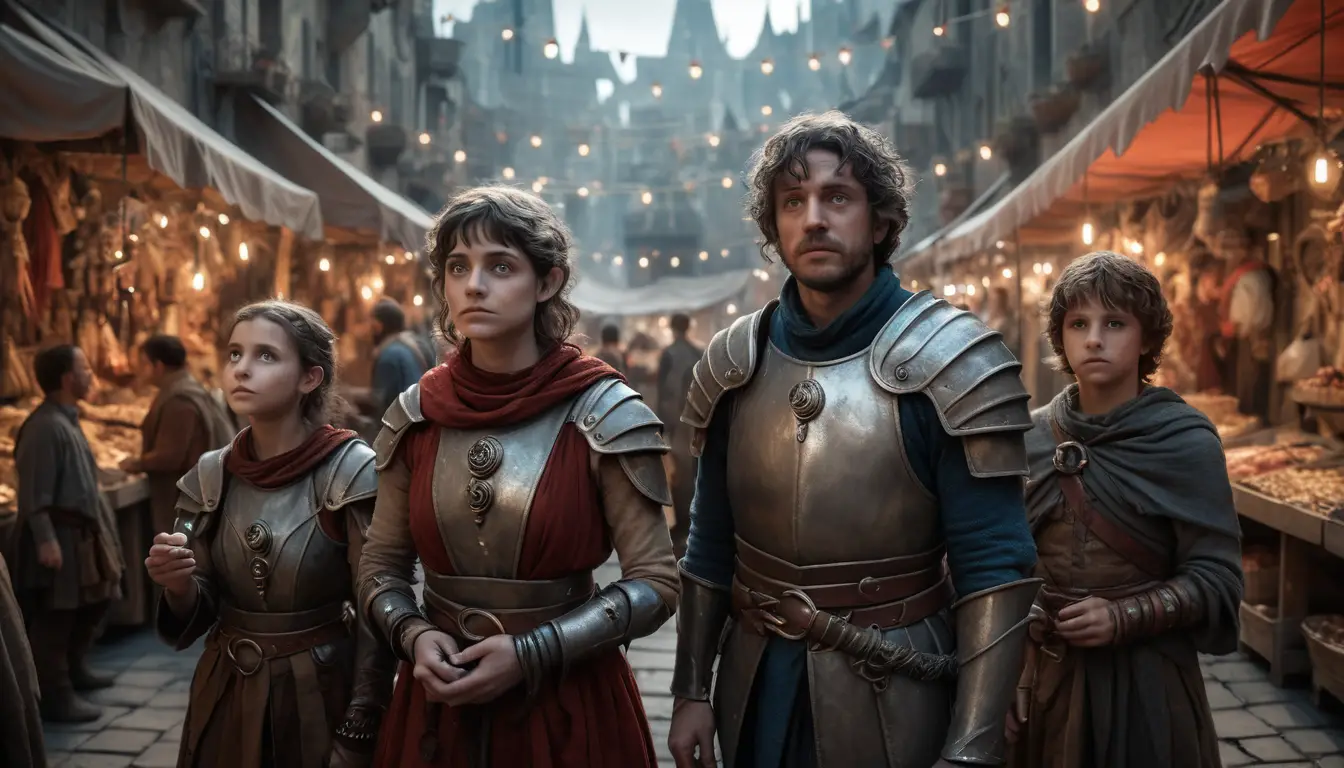 Destined heroes gathered in a cosmic fantasy marketplace