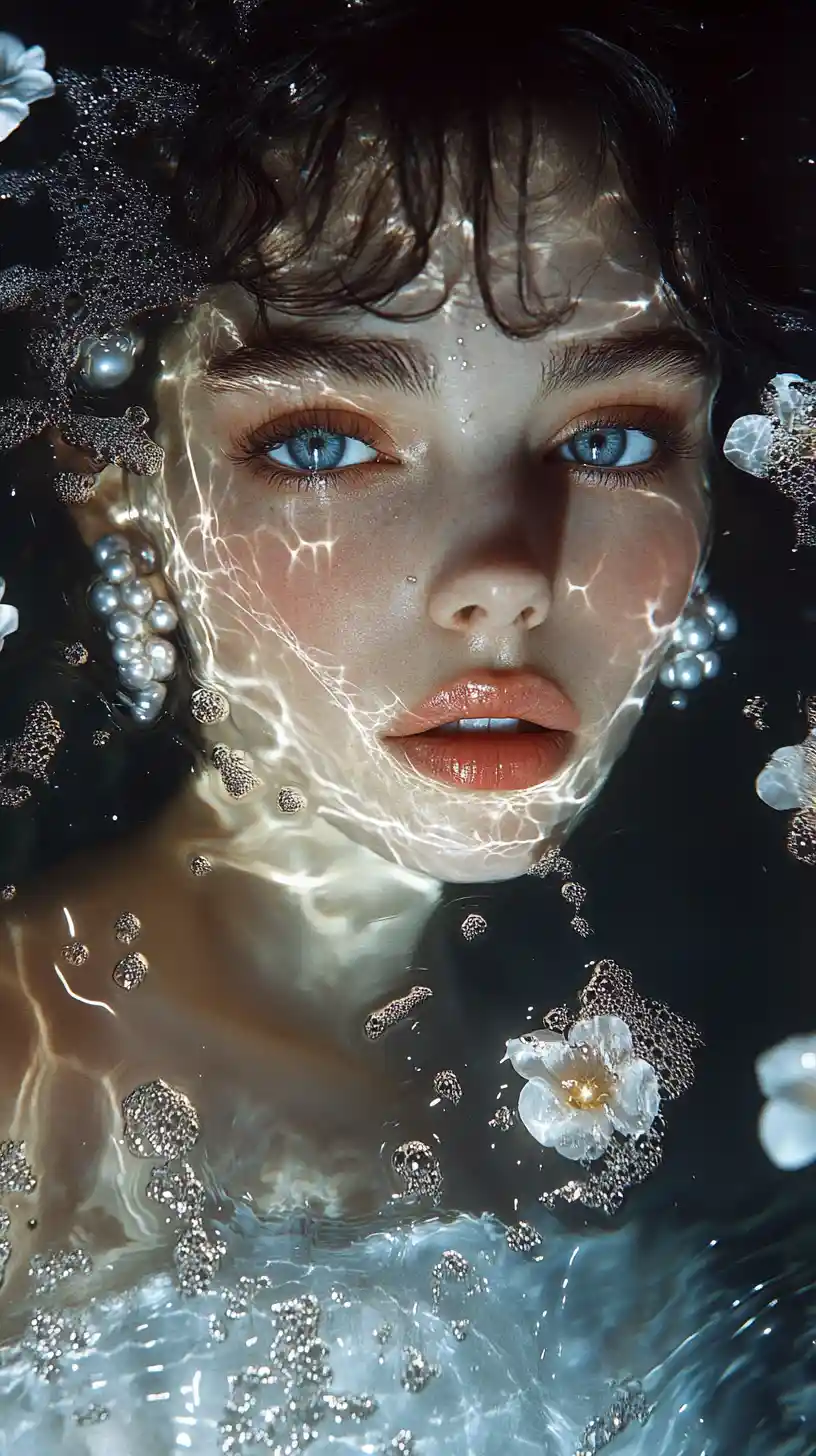 Ethereal woman rising from dark water in surreal light