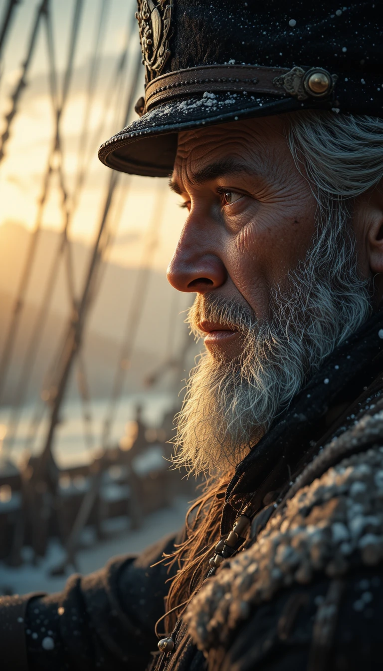 Viejo capitán de barco contemplando un brillante atardecer sobre el océano