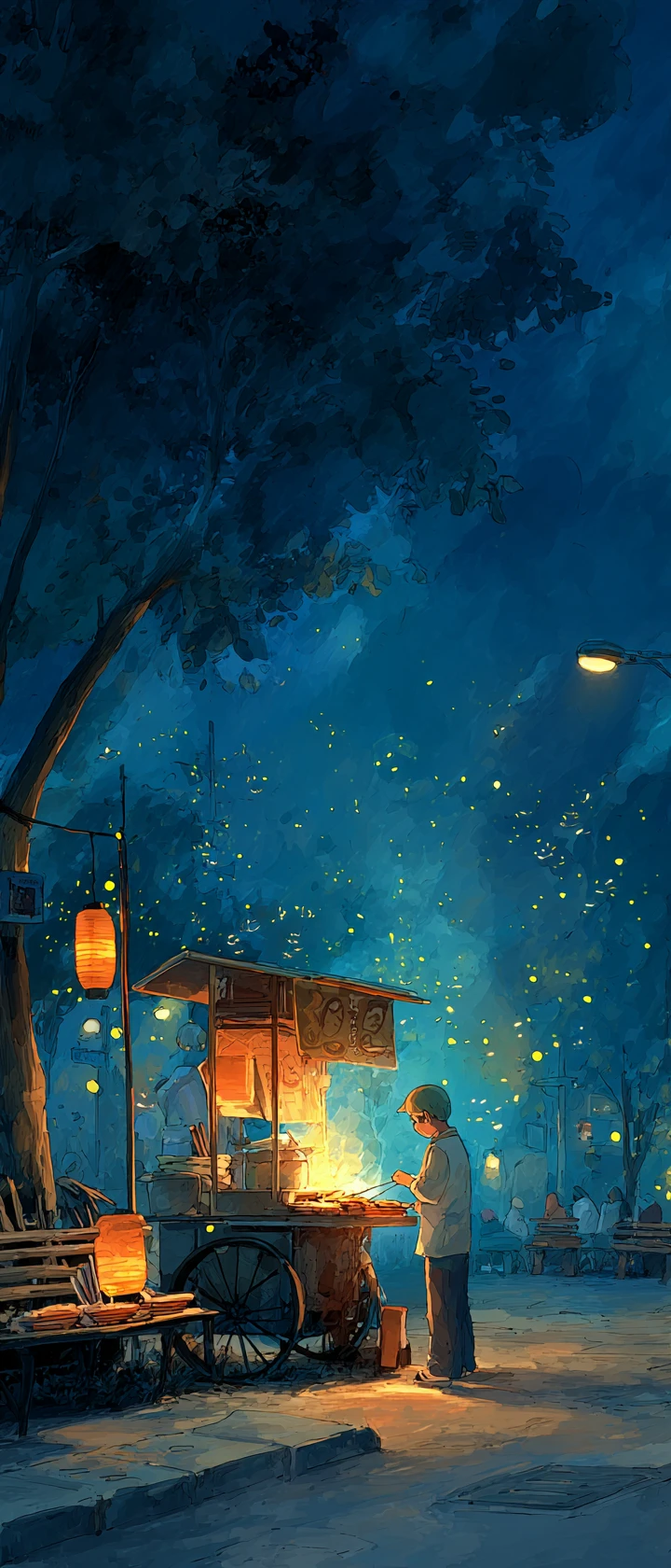 Old street vendor closing his cart under warm lanterns