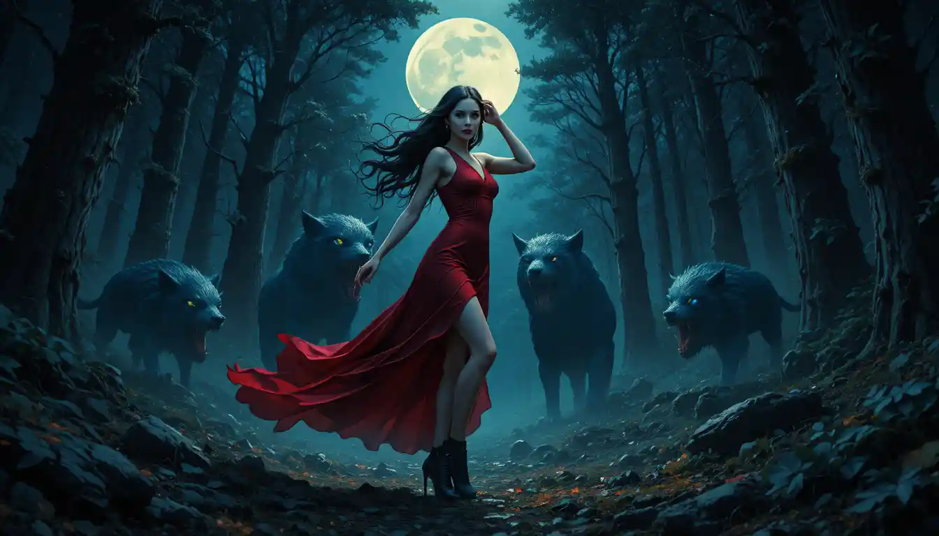 Sensual woman in red swimsuit under moonlit dark forest