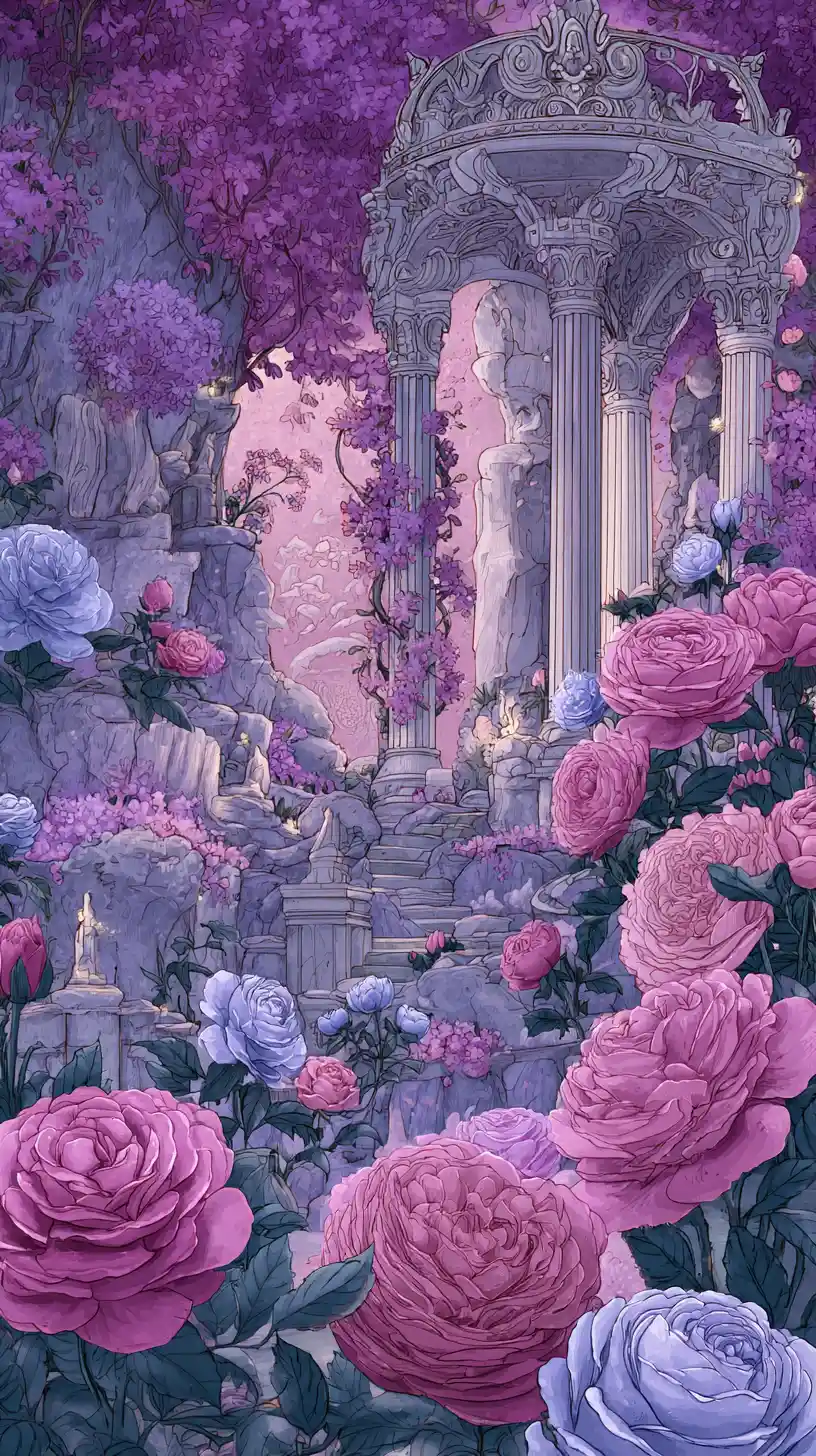 Enchanting rose garden illustration with elegant stone arches