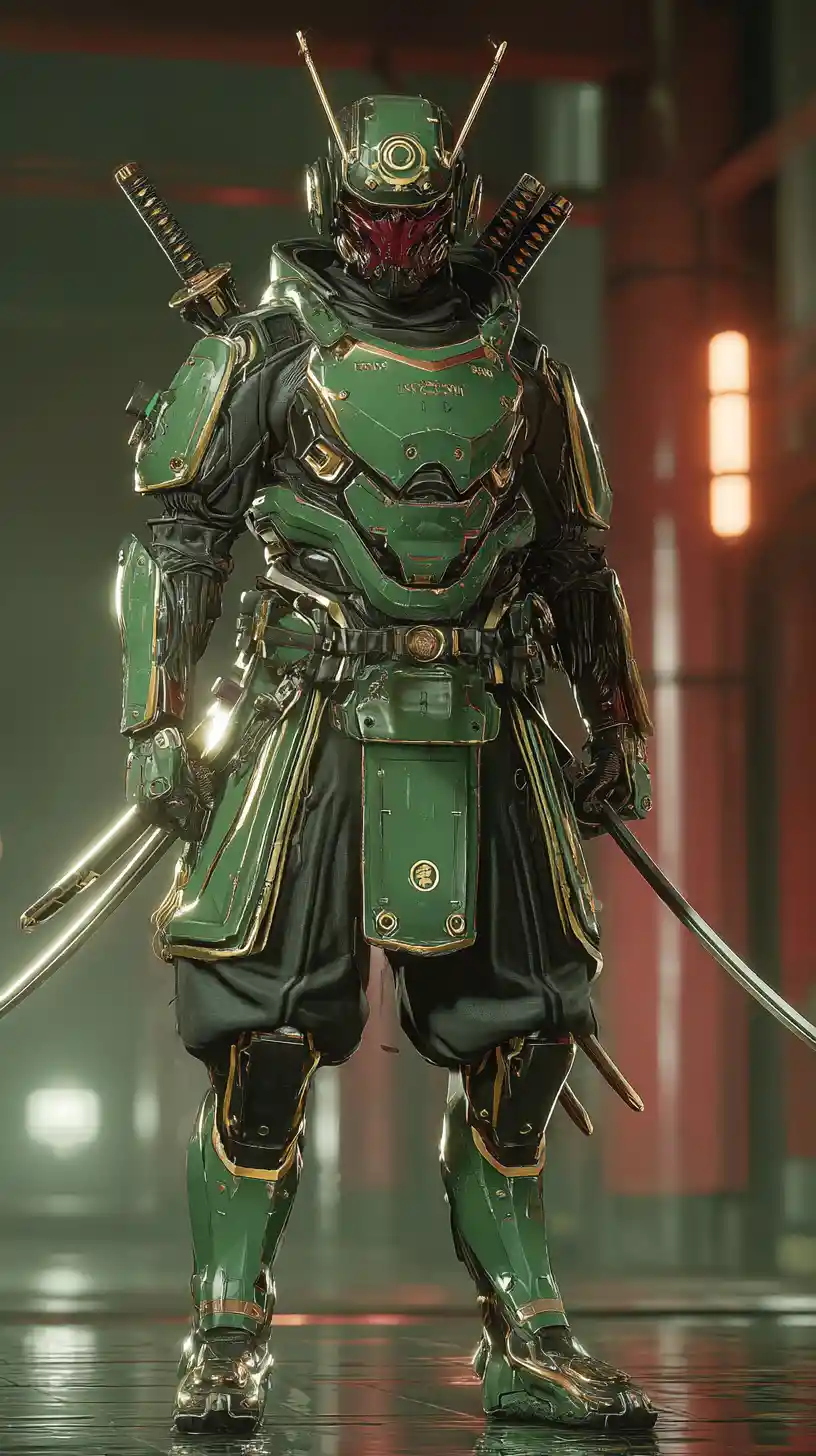 Afrofuturistic samurai warrior in glossy green and gold armor