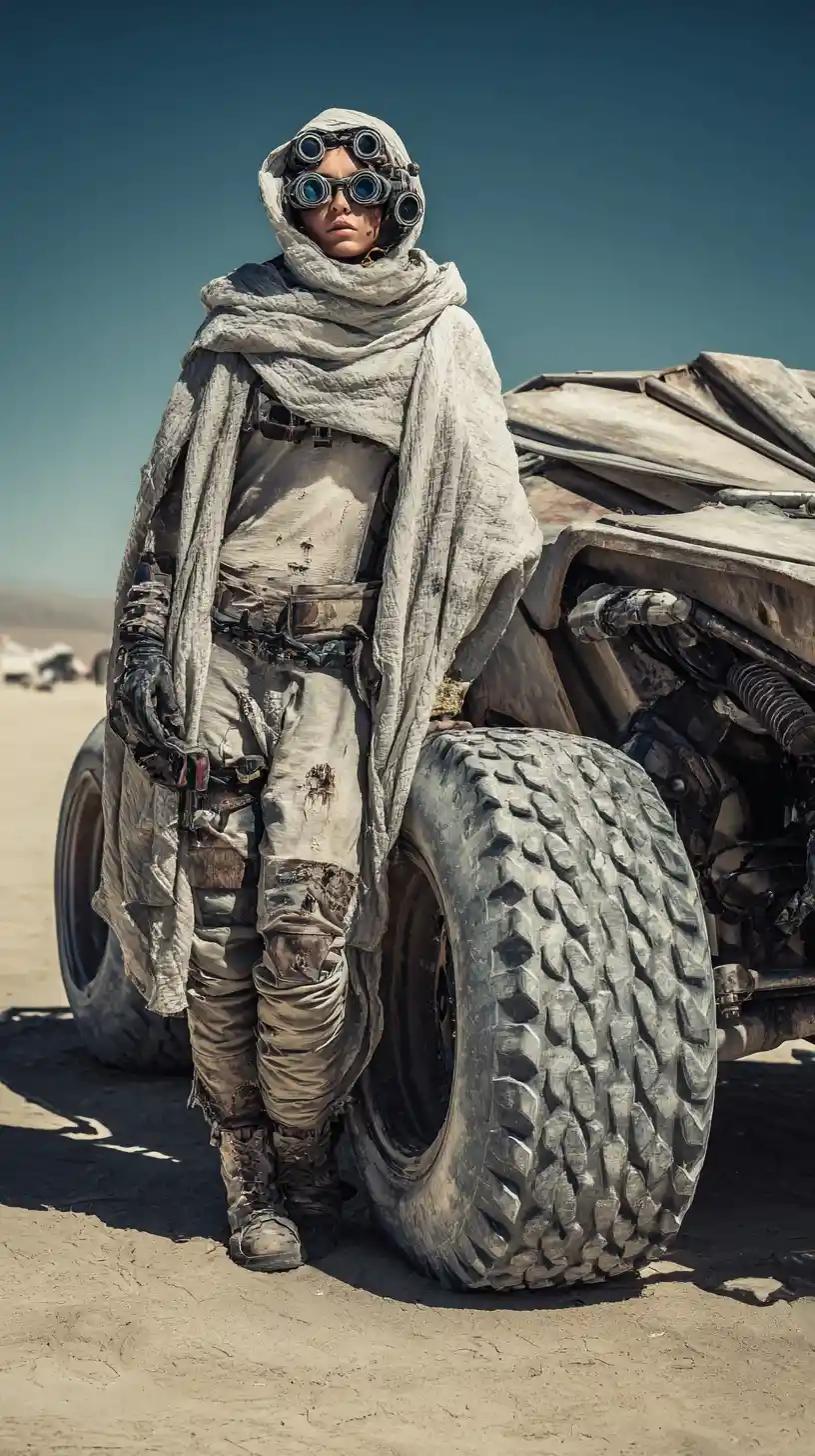 Mulher vanguardista mascarada em um apocalipse no deserto